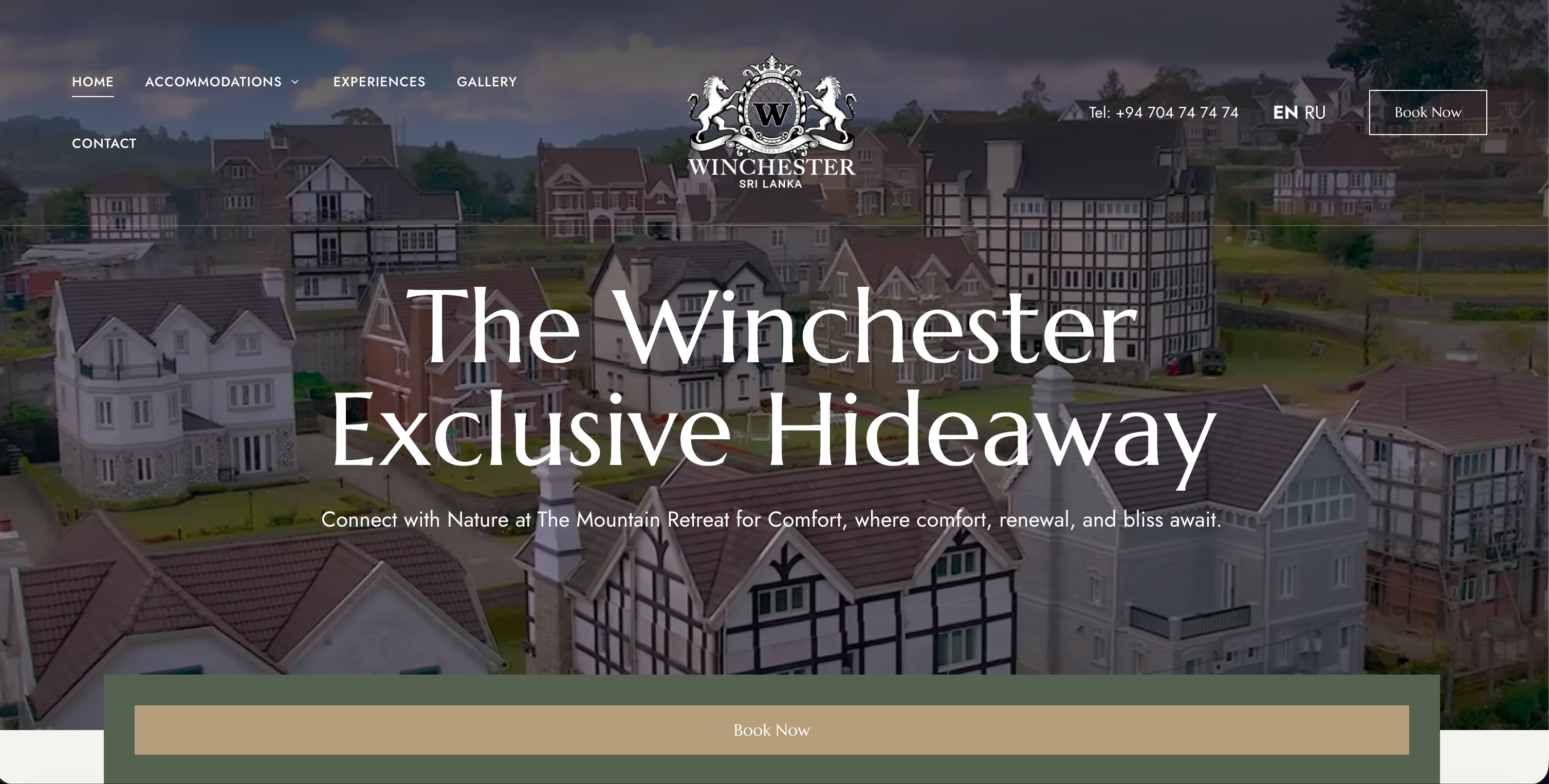 WinchesterLK homepage desktop — The Winchester Exclusive Hideaway hero with Book Now CTA